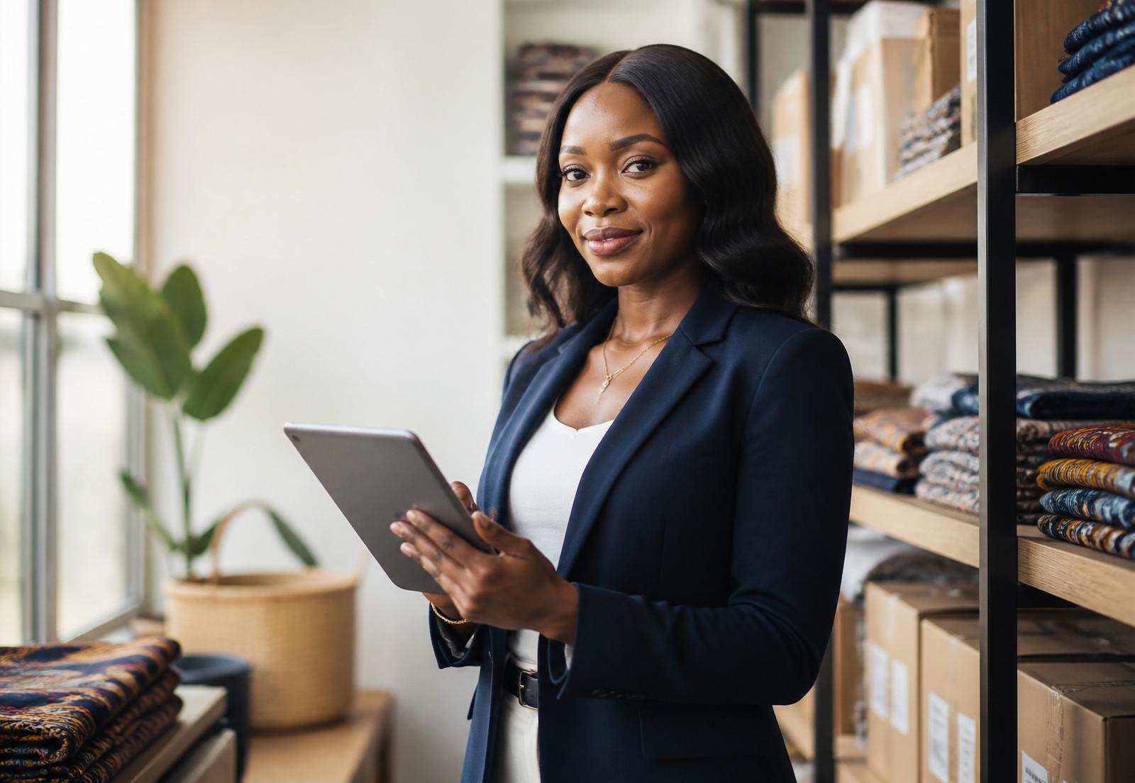 Boutique owner checking inventory on a tablet