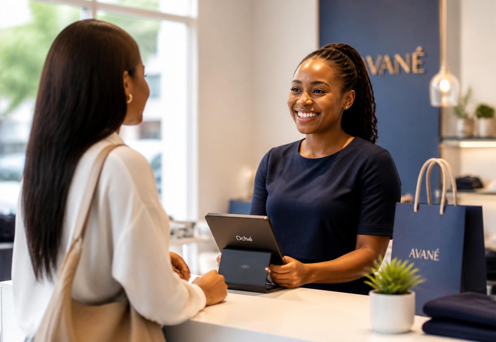 Nigerian cashier serving a happy customer on a modern POS