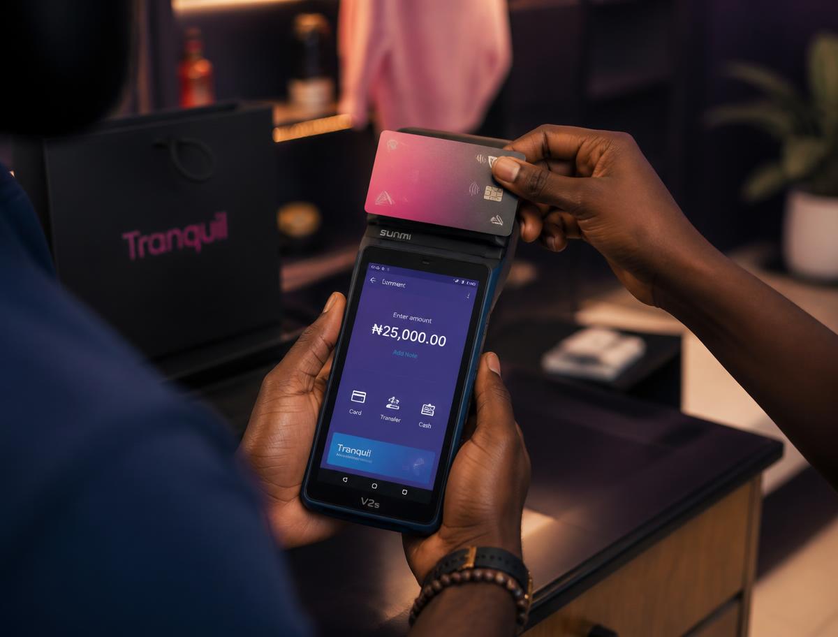 Cashier taking a card payment on an Android POS terminal running Smapps